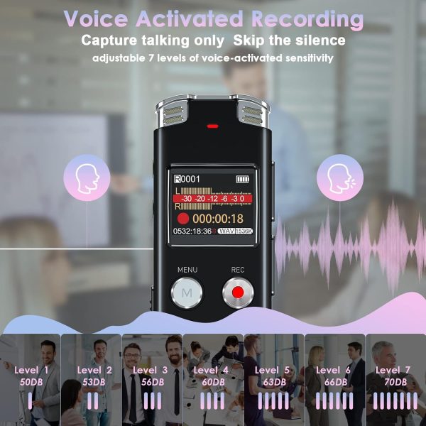 128GB Digital Voice Recorder with Playback: Voice Activated Recorder for Lectures Meetings Interviews - EVISTR Dictaphone Recording Device Tape Recorder Portable Mini, Audio Recorder with USB, MP3 - Image 3