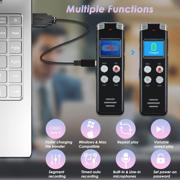 128GB Digital Voice Recorder with Playback: Voice Activated Recorder for Lectures Meetings Interviews - EVISTR Dictaphone Recording Device Tape Recorder Portable Mini, Audio Recorder with USB, MP3 - Image 6