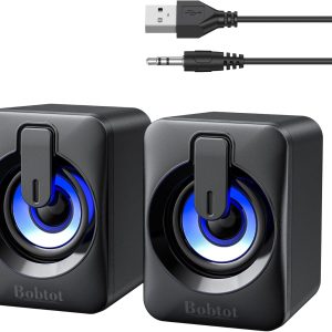 Computer Speaker USB Powered - 2.0 Mini Portable Bluetooth Subwoofer with RGB Lights Volume Control 3.5mm AUX-in HiFi Stereo Sound Desk Audio System for PCs Laptops Tablet Phone