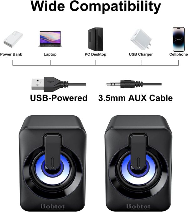Computer Speaker USB Powered - 2.0 Mini Portable Bluetooth Subwoofer with RGB Lights Volume Control 3.5mm AUX-in HiFi Stereo Sound Desk Audio System for PCs Laptops Tablet Phone - Image 7