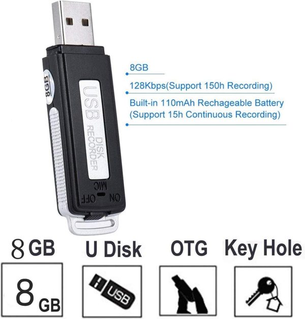 Digital Voice Audio Recorder 8GB USB Flash Drive,Sound Recording Device for Lectures,Portable Digital Voice Recorder,Dictaphone,Compatible with Windows and for Mac,Android OTG Recorder(Black) - Image 2