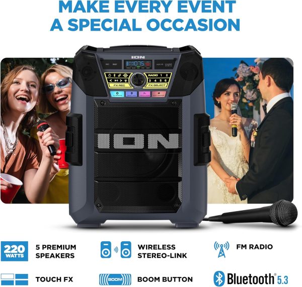 ION Block Rocker XL - Portable Bluetooth Outdoor Party Speaker, 220W, with Karaoke Microphone, Battery, 5 Speakers, Lights, Radio, USB Charging & App - Image 2