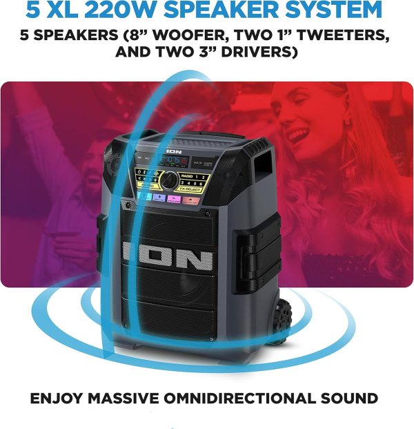 ION Block Rocker XL - Portable Bluetooth Outdoor Party Speaker, 220W, with Karaoke Microphone, Battery, 5 Speakers, Lights, Radio, USB Charging & App - Image 3