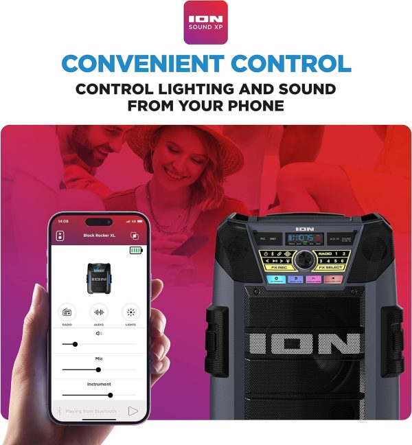 ION Block Rocker XL - Portable Bluetooth Outdoor Party Speaker, 220W, with Karaoke Microphone, Battery, 5 Speakers, Lights, Radio, USB Charging & App - Image 5