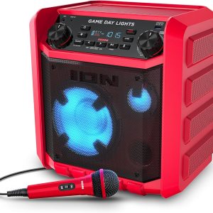 ION Game Day Lights Portable Bluetooth Party Speaker with Karaoke Microphone Lights and Radio for Birthday, Pool Party, BBQ – Powerful, 50W (Red)