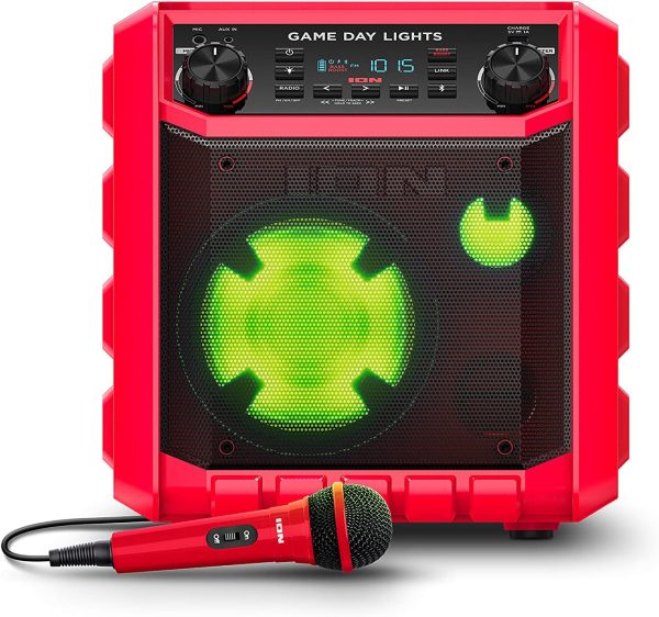 ION Game Day Lights Portable Bluetooth Party Speaker with Karaoke Microphone Lights and Radio for Birthday, Pool Party, BBQ – Powerful, 50W (Red) - Image 7