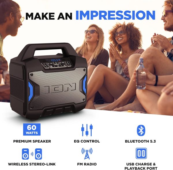 ION Tailgater Boom - Outdoor Portable Bluetooth Speaker with Mic in, FM Radio, USB Port, Battery, IPX5 Water-Resistant, Wireless Stereo-Link, App, 60W - Image 2