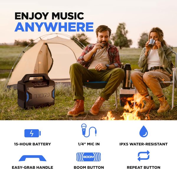 ION Tailgater Boom - Outdoor Portable Bluetooth Speaker with Mic in, FM Radio, USB Port, Battery, IPX5 Water-Resistant, Wireless Stereo-Link, App, 60W - Image 4