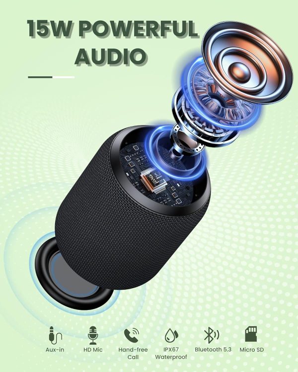 NOTABRICK Bluetooth Speakers, 15W Portable Speakers Bluetooth Wireless V5.0 with Stereo Sound, Active Extra Bass, IPX6 Waterproof Shower Speaker, Double Pairing, for Party, Home Theater, Game Theater - Image 3